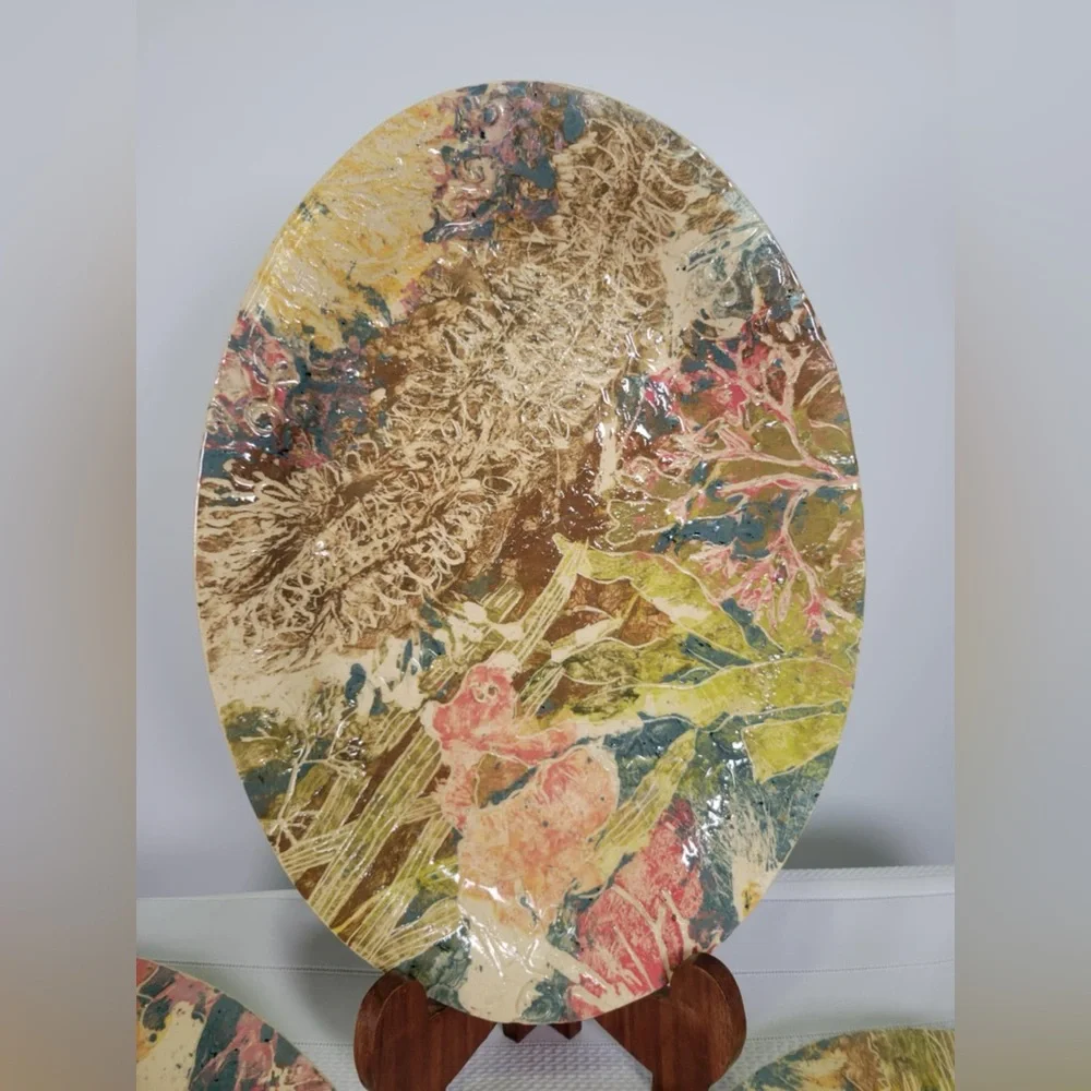 Handmade Ceramic Sgraffito Plates Oregon PNW Artisan Pottery  Set Of 3 Stamped - Picture 3 of 10